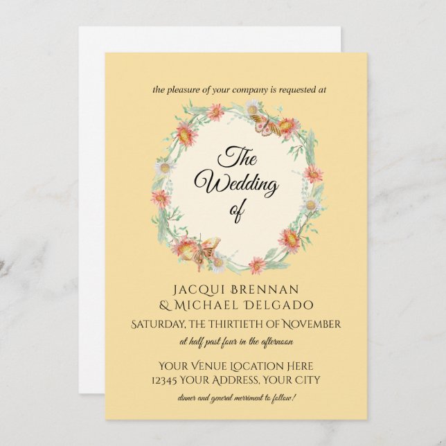 Yellow n Mint Butterfly Floral Wreath Wedding Invitation (Front/Back)