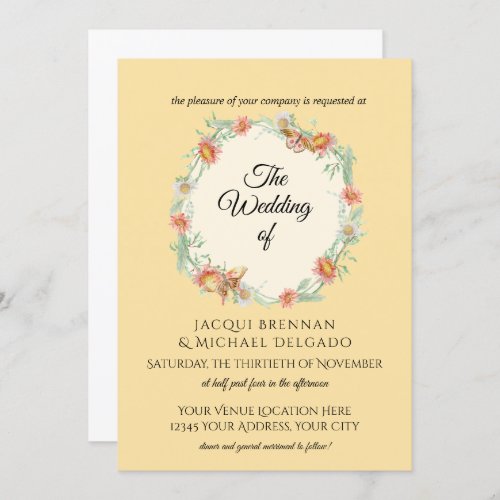 Yellow n Mint Butterfly Floral Wreath Wedding Invitation