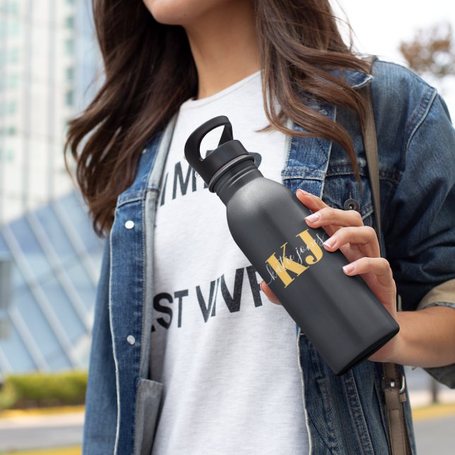 Yellow Name & Monogram | Retro Typography Stainless Steel Water Bottle (Creator Uploaded)