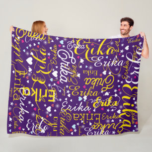 Yellow Name, Splattered Cute Hearts and Stars  Fleece Blanket