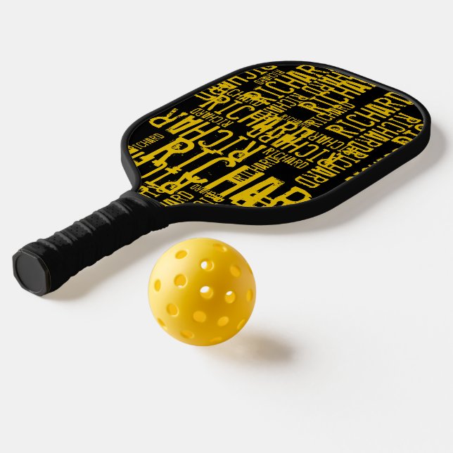 Yellow Names over Black Pickleball Paddle (Laydown 2)