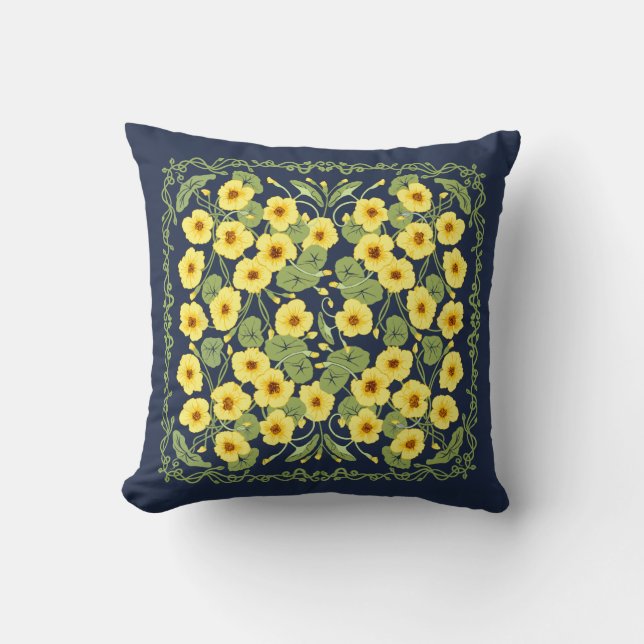Yellow Nasturtiums on Navy Throw Pillow (Front)