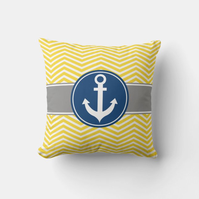 Yellow Nautical Anchor Chevron Throw Pillow (Front)