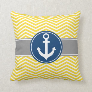 Yellow Nautical Anchor Chevron Throw Pillow