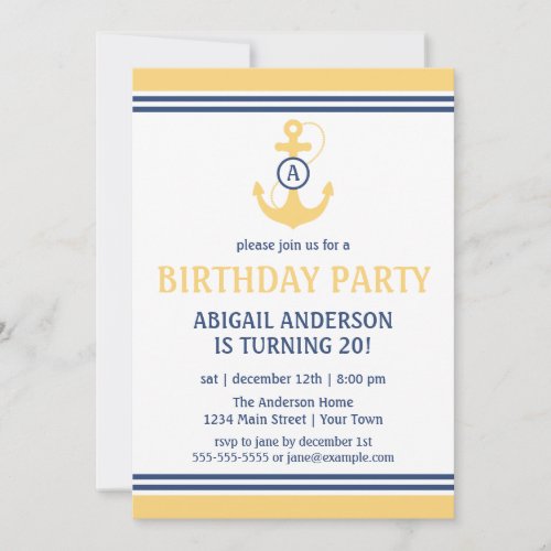 Yellow Nautical Birthday Party Invites with Anchor