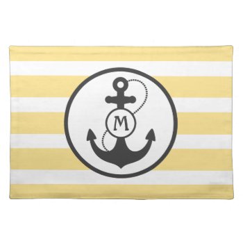 Yellow Nautical Stripes With Anchor And Monogram Cloth Placemat by snowfinch at Zazzle