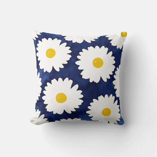 Yellow Navy and White Daisies 2 Throw Pillow (Front)