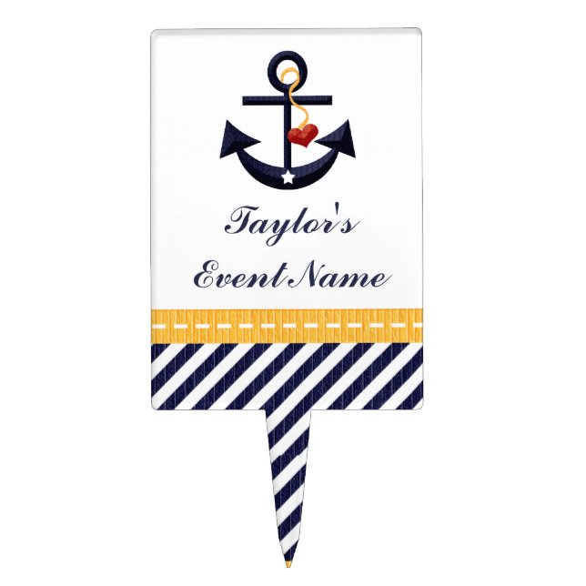 Yellow Navy Blue Anchor Nautical Cake Pick Topper (Front)
