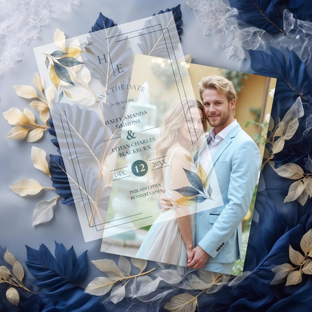 Yellow & Navy Blue Botanical Leaves Corner Initial Vellum Invitations (Yellow & Navy Blue Botanical Leaves Corner with Initials Vellum Overlay Paper for Save the Date Card)