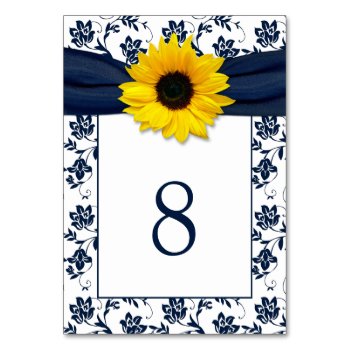 Yellow Navy Blue Damask Sunflower Ribbon Wedding Table Number by wasootch at Zazzle