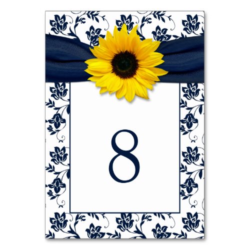 Yellow Navy Blue Damask Sunflower Ribbon Wedding Table Number
