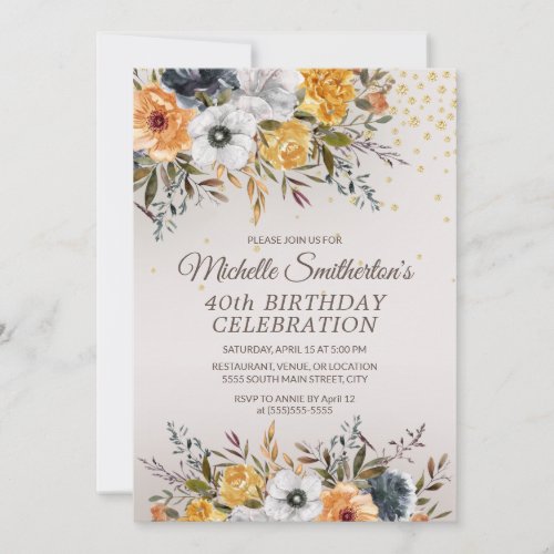 Yellow Navy Blue Floral Glitter 40th Birthday Invitation