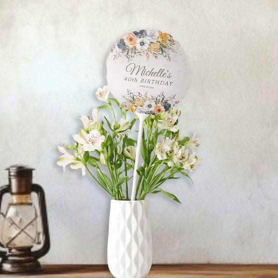 Yellow Navy Blue Floral Glitter 40th Birthday Name Balloon (Mustard yellow and navy blue watercolor floral birthday party balloon)