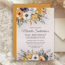 Yellow Navy Blue Floral Glitter 50th Birthday
