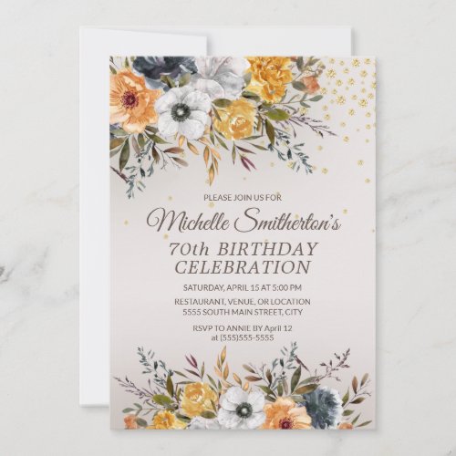 Yellow Navy Blue Floral Glitter 70th Birthday Invitation