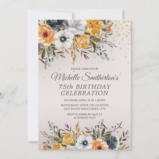 Yellow Navy Blue Floral Glitter 75th Birthday Invitation (Front)