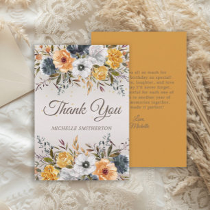 Yellow Navy Blue Floral Glitter Birthday Thank You Card