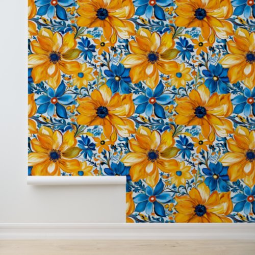 Yellow Navy Blue Floral Pattern Colorful Boho Chic Wallpaper