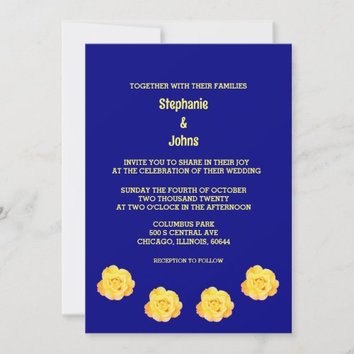 Yellow Navy Blue Floral Pattern Elegant Wedding Invitation