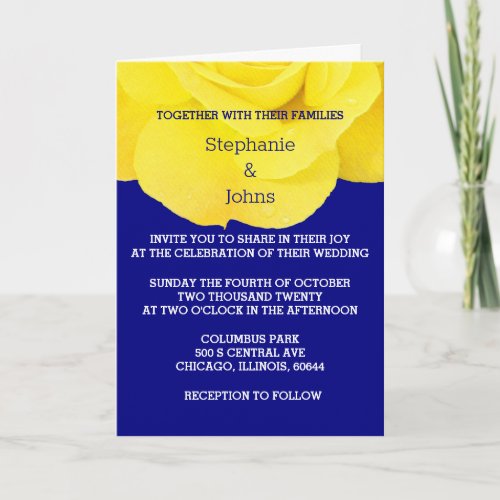 Yellow Navy Blue Floral Rose Classy Wedding  Invitation