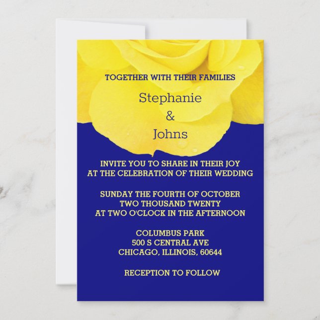 Yellow Navy Blue Floral Rose Elegant Cool Wedding  Invitation (Front)