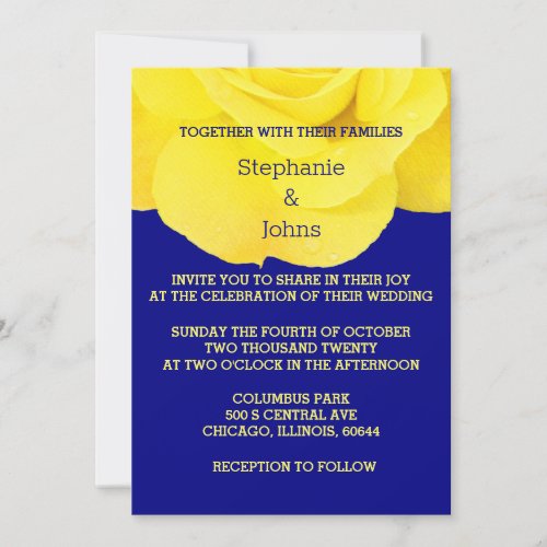 Yellow Navy Blue Floral Rose Elegant Cool Wedding  Invitation