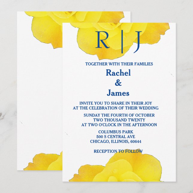 Yellow Navy Blue Floral Rose Elegant Cool Wedding Invitation (Front/Back)