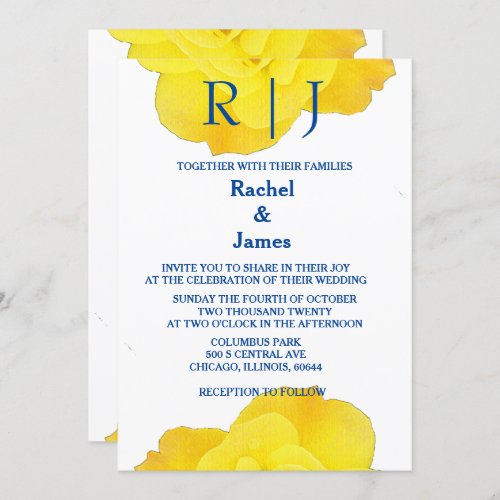 Yellow Navy Blue Floral Rose Elegant Cool Wedding Invitation