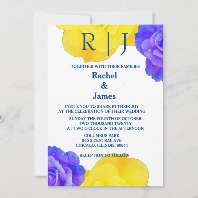 Yellow Navy Blue Floral Rose Elegant Wedding Invitation (Front)