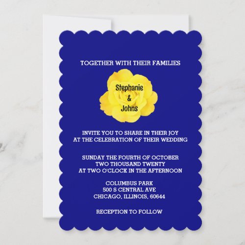 Yellow Navy Blue Floral Rose Elegant Wedding Invitation