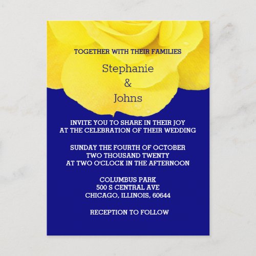 Yellow Navy Blue Floral Rose Simple Wedding  Invitation Postcard