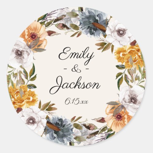 Yellow Navy Blue Floral Wedding Bride Groom  Classic Round Sticker