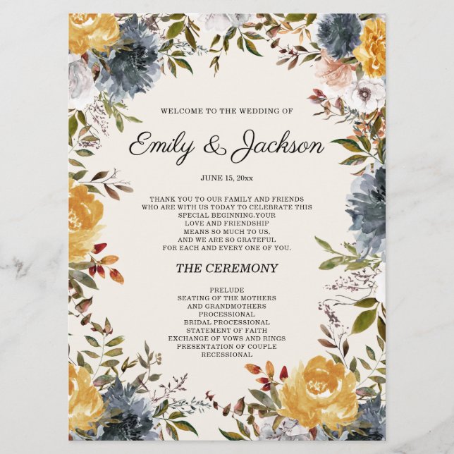 Yellow Navy Blue Floral Wedding Program  (Front)