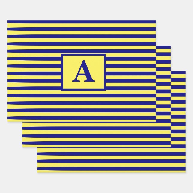 Yellow Navy Blue Nautical Monogram Christmas Wrapping Paper Sheets (Set)