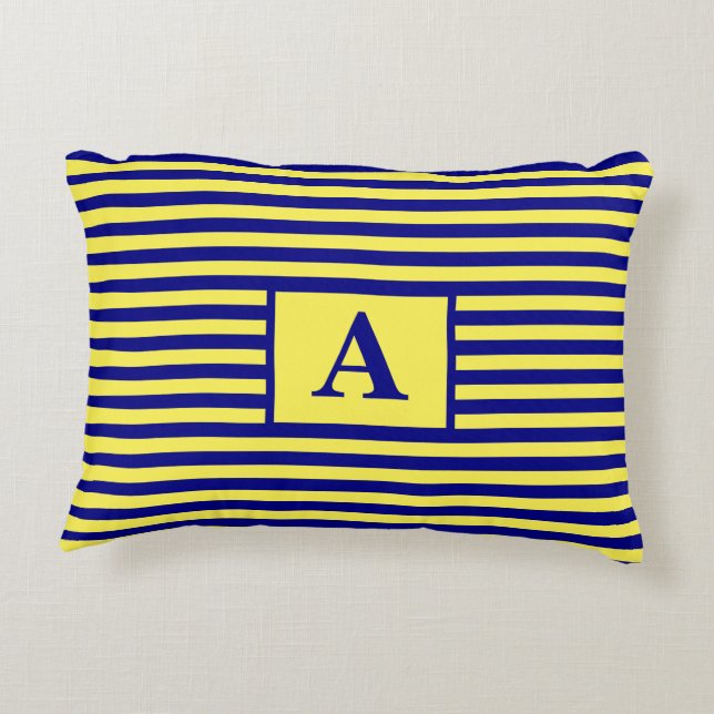 Yellow Navy Blue Nautical Monograms Stripes Cute Accent Pillow (Back)
