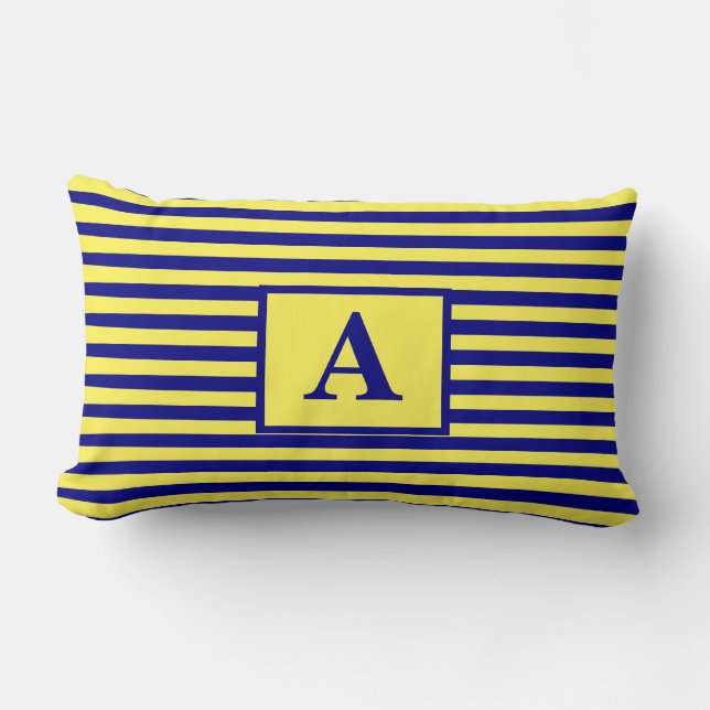 Yellow Navy Blue Nautical Monograms Stripes Cute Lumbar Pillow (Front)