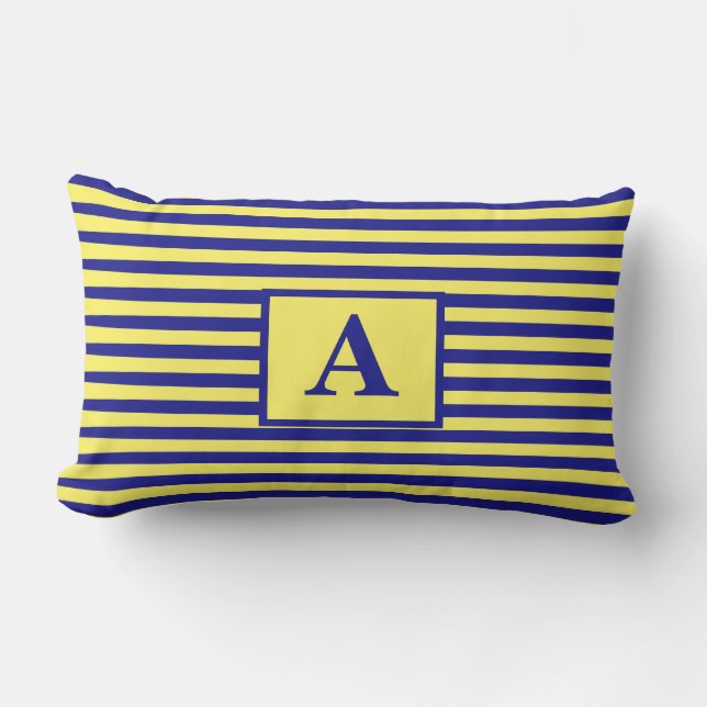 Yellow Navy Blue Nautical Monograms Stripes Cute Lumbar Pillow (Front)