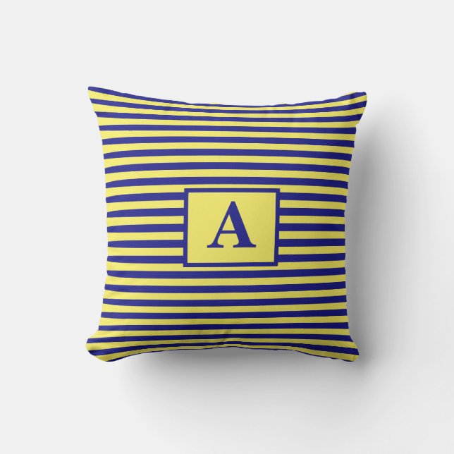 Yellow Navy Blue Nautical Monograms Stripes Cute Outdoor Pillow (Front)