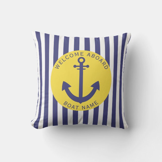 Yellow Navy Blue Stripe Boat Name Anchor Nautical  Outdoor Pillow (Front)