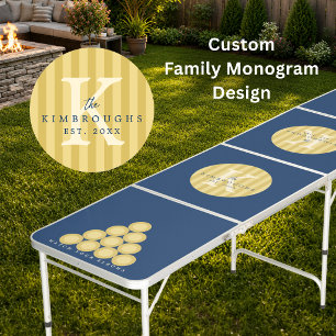 Yellow Navy Blue Striped Circle Family Monogram Beer Pong Table
