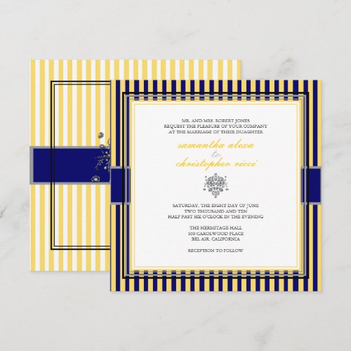 Plain yellow+navy blue stripes wedding invitations