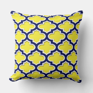Yellow Navy Blue White Moroccan Quatrefoil #3DS Throw Pillow