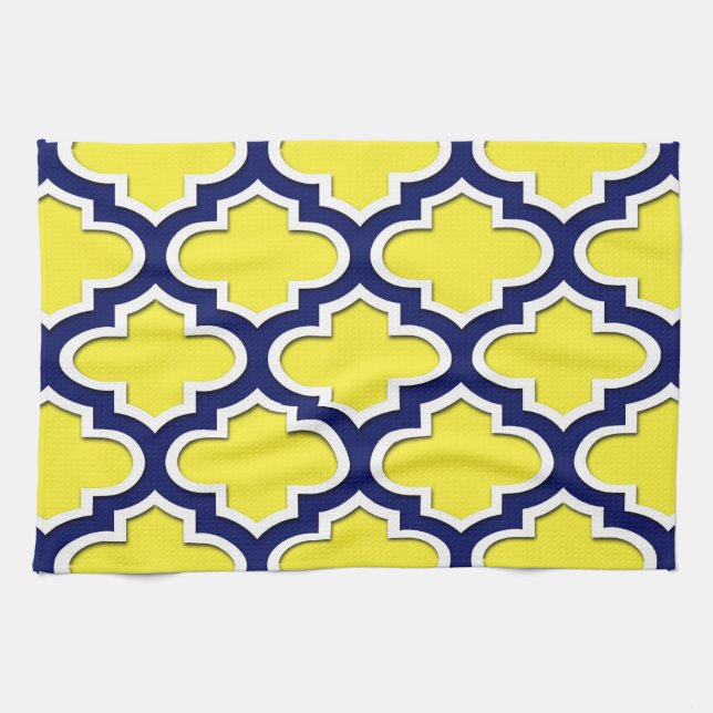 Yellow, Navy Blue, Wht Lg Moroccan Quatrefoil #3DS Kitchen Towel (Horizontal)