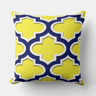 Yellow, Navy Blue, Wht Lg Moroccan Quatrefoil #3DS Throw Pillow