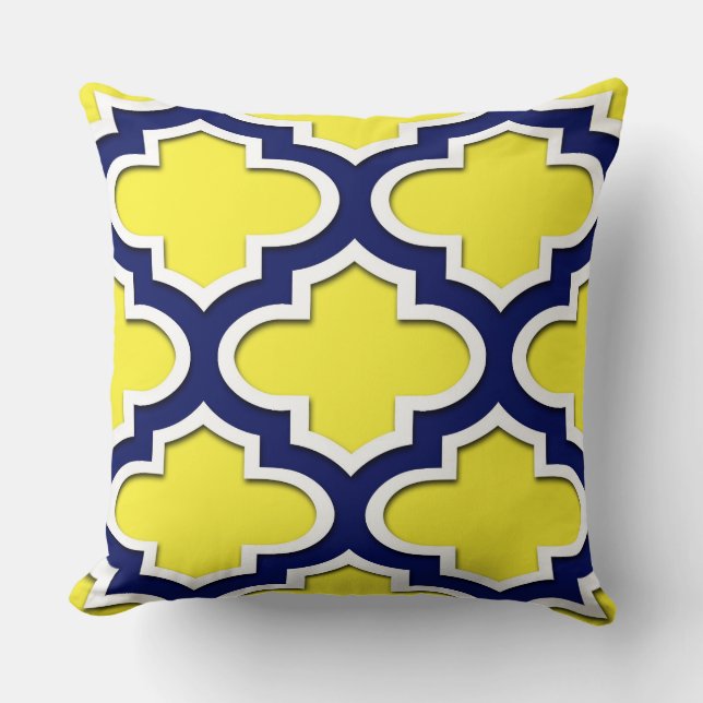 Yellow, Navy Blue, Wht Lg Moroccan Quatrefoil #3DS Throw Pillow (Front)