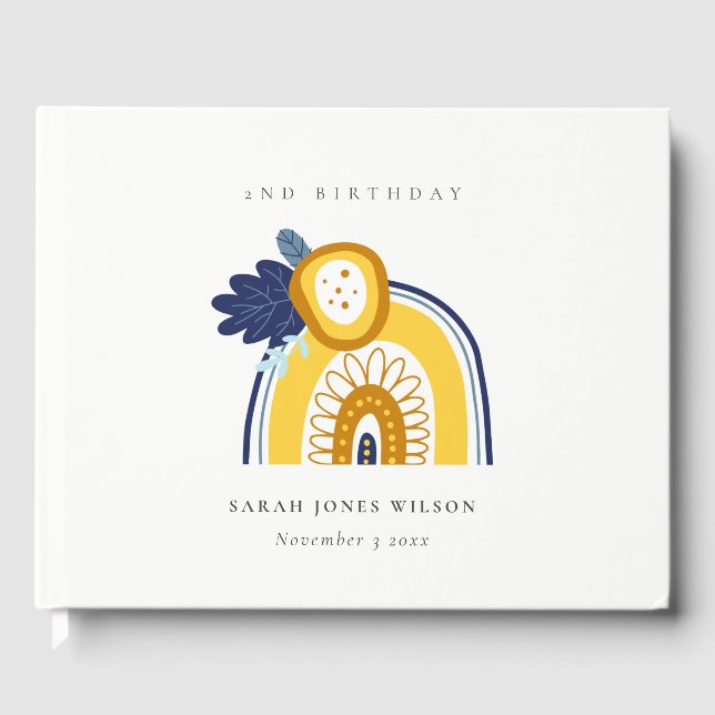 Yellow Navy Boho Flora Rainbow Any Age Birthday Guest Book (Front)