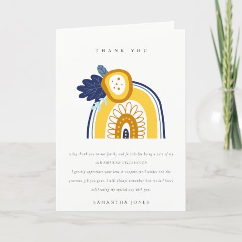 Yellow Navy Boho Floral Rainbow Any Age Birthday Thank You Card