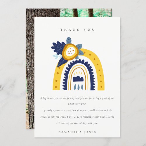 Yellow Navy Boho Floral Rainbow Photo Baby Shower Thank You Card