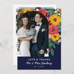 Yellow Navy Boho Flowers Arch Wedding Photo Thank You Card