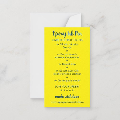 Yellow Navy Care Instructions for Epoxy Pen Note Card